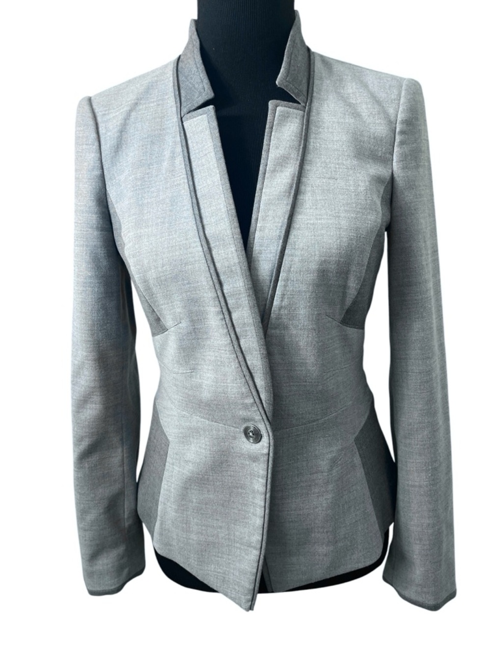 Tailored Grey Color Block Wool Women's One Button Blazer Jacket career office
